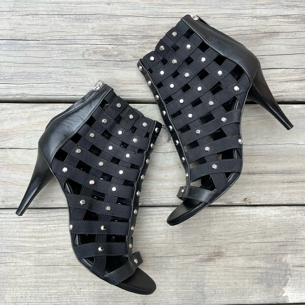 Michael Kors Leather Caged Studs Open Toe Booties Black Womens 7.5